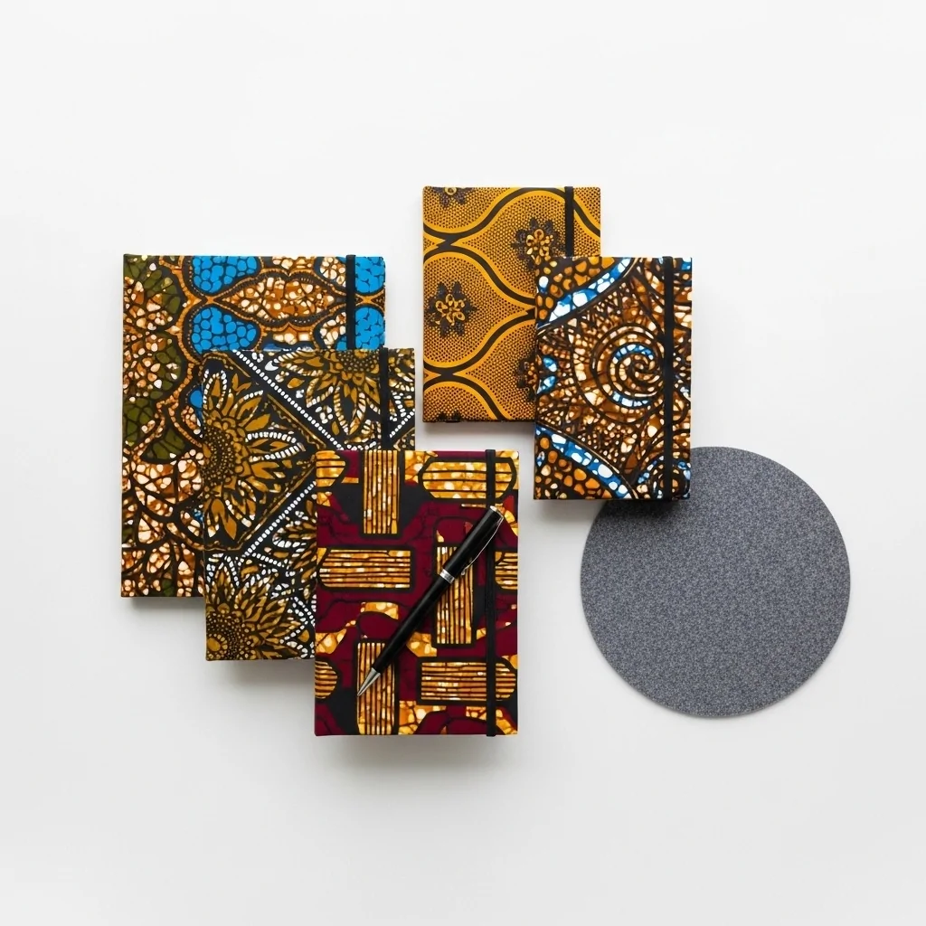 Customizable african print notebooks and office accessories layout
