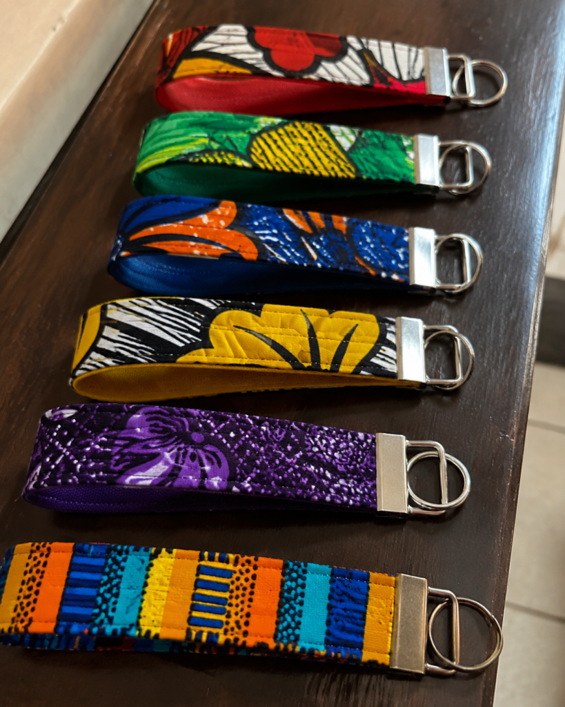 wedding souvenir ideas in nigeria- Hand-Stitched Leather & Ankara Key Fobs