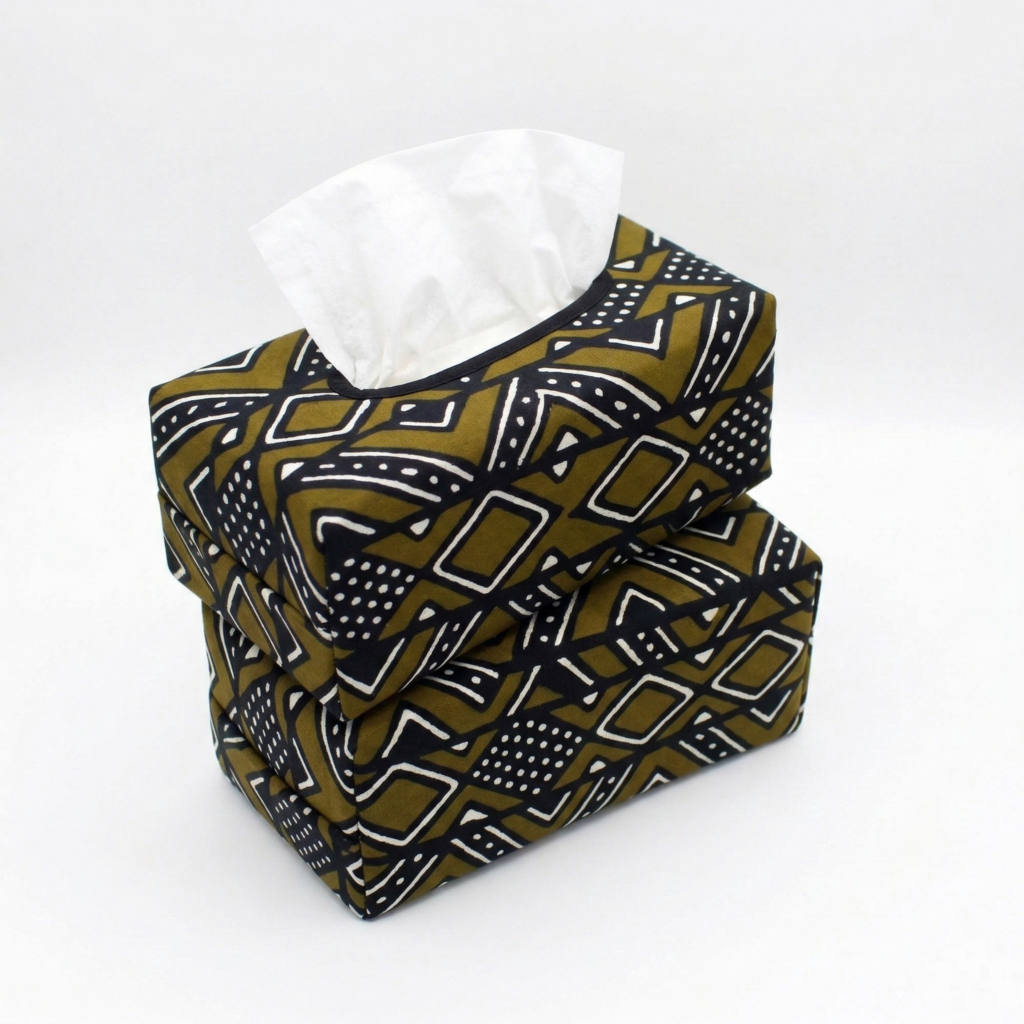 An Ankara-wrapped tissue box blending with a premium office aesthetic, perfect when sourcing corporate gifts for executives.