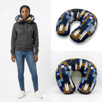 African print travel neck pillow top view navy blue geometric wax print soft fill