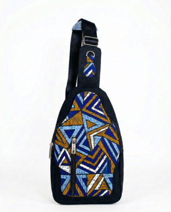 African print sling bag back view black canvas adjustable strap