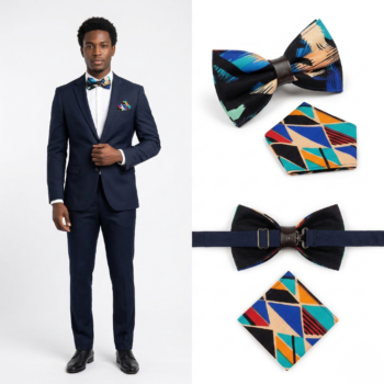 African print bow tie and pocket square set Ankara geometric wax print mens accessory