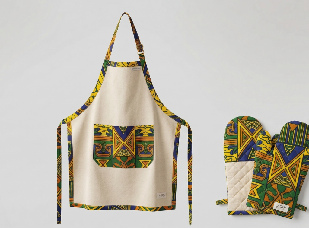 wedding souvenir ideas in nigeria-Ankara-Trimmed Kitchen Aprons with Matching Oven Mitts