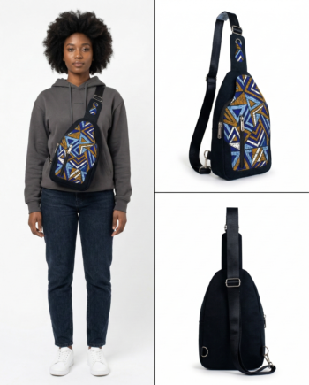 Woman wearing African print sling bag blue geometric Ankara crossbody chest bag
