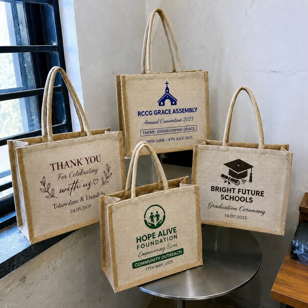 Bulk wedding souvenir ideas in Nigeria: Jute Tote Bags