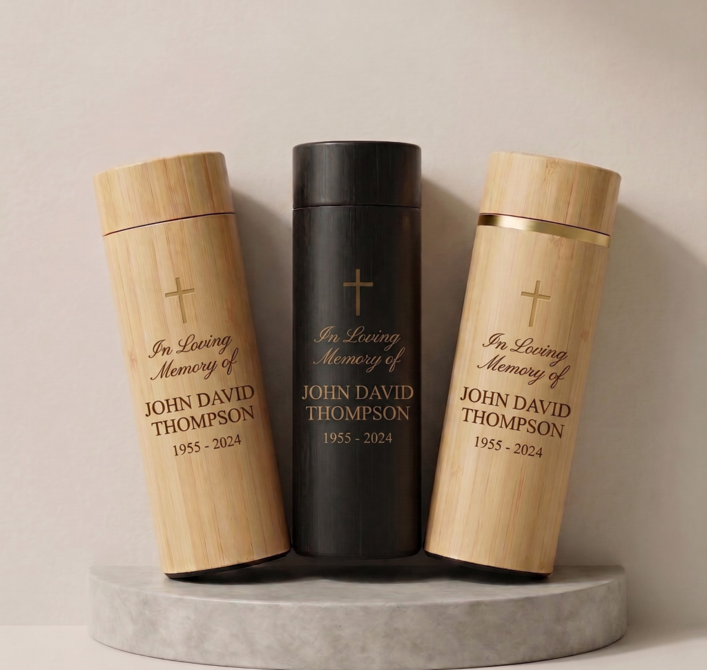Custom engraved bamboo water flask used as premium funeral souvenirs for burial ceremony in Nigeria