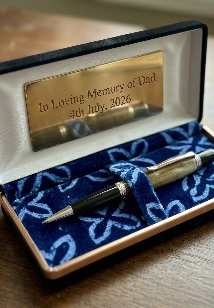 Nigerian funeral gifts featuring a luxury metal pen set in a velvet presentation case, a respectful souvenir idea for burial in Nigeria.