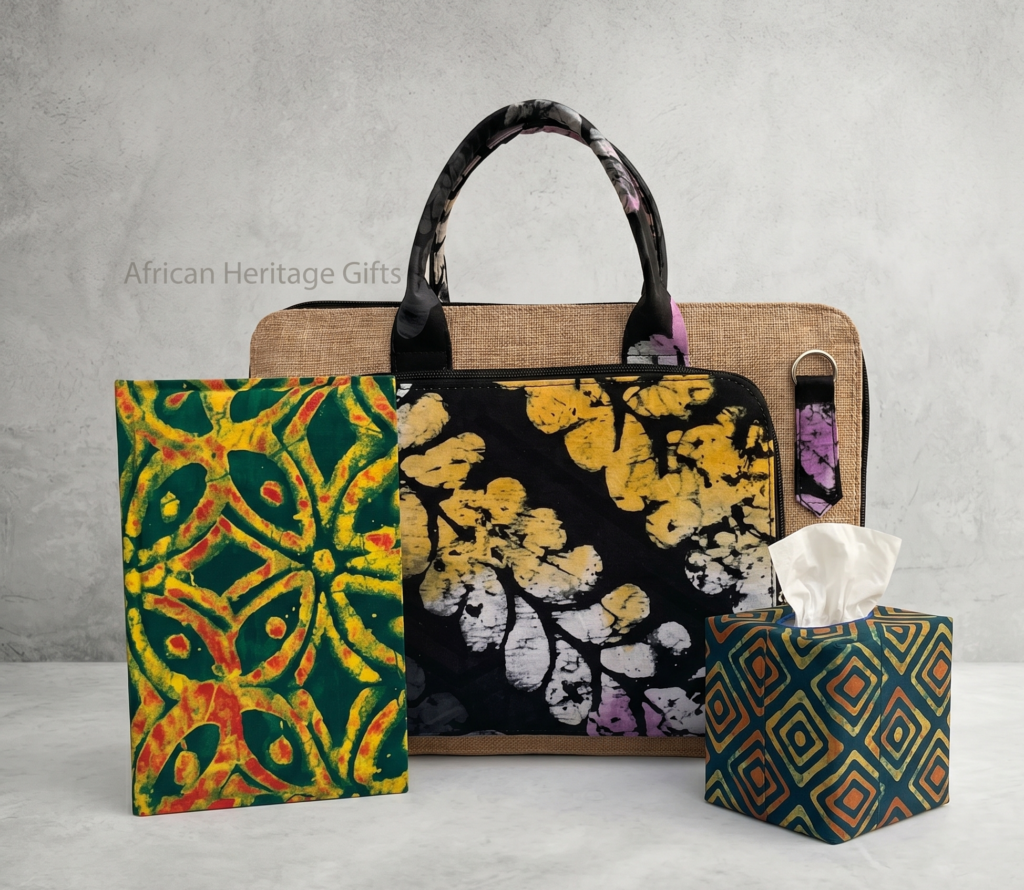 Boardroom Classic corporate gift bundle featuring a matching custom laptop bag, A5 notebook, and an Ankara fabric-wrapped premium tissue box.