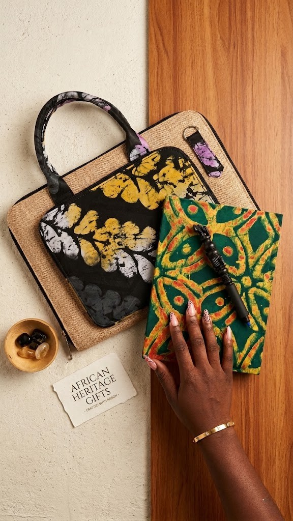 Executive Essentials corporate souvenir combos with handcrafted ebony pens and Adire bags.
