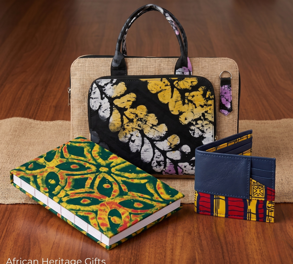 Premium Lifestyle corporate package including a structured Ankara laptop bag, custom notebook, and a meticulously stitched fabric wallet.
