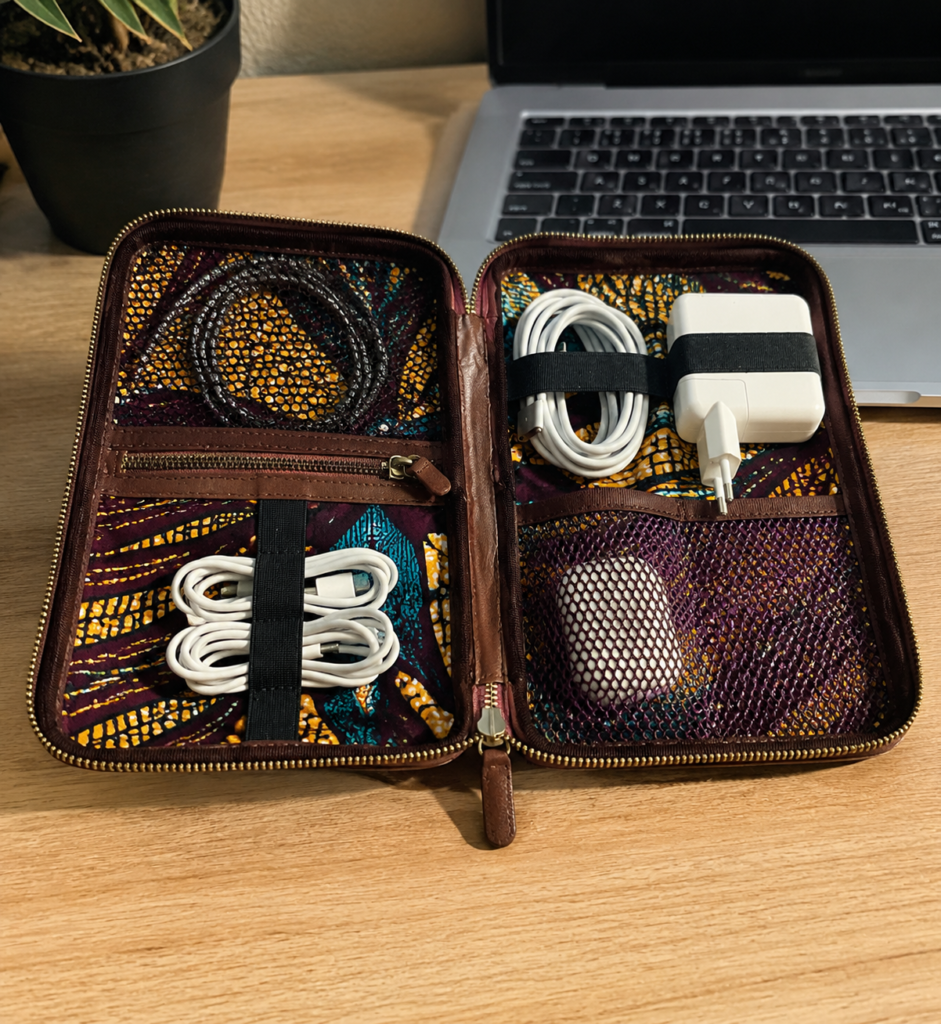Ankara-lined leather tech organizer - unique client gift ideas