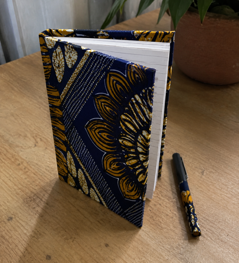 Unique client gift ideas: Ankara fabric hardcover notebook and metal pen set for Nigerian executives