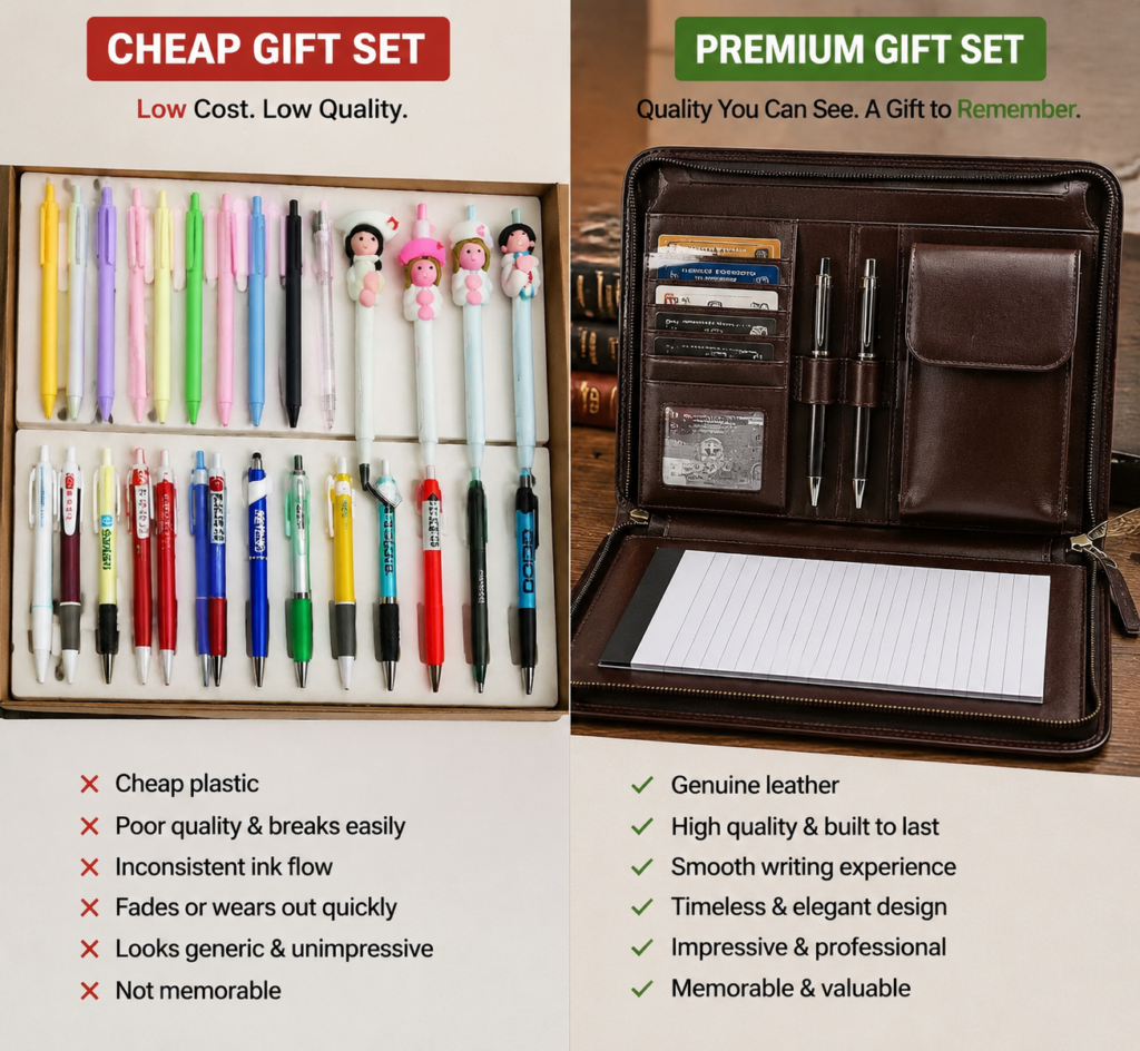Unique corporate giveaways in Nigeria: premium leather gift versus cheap plastic branded item comparison