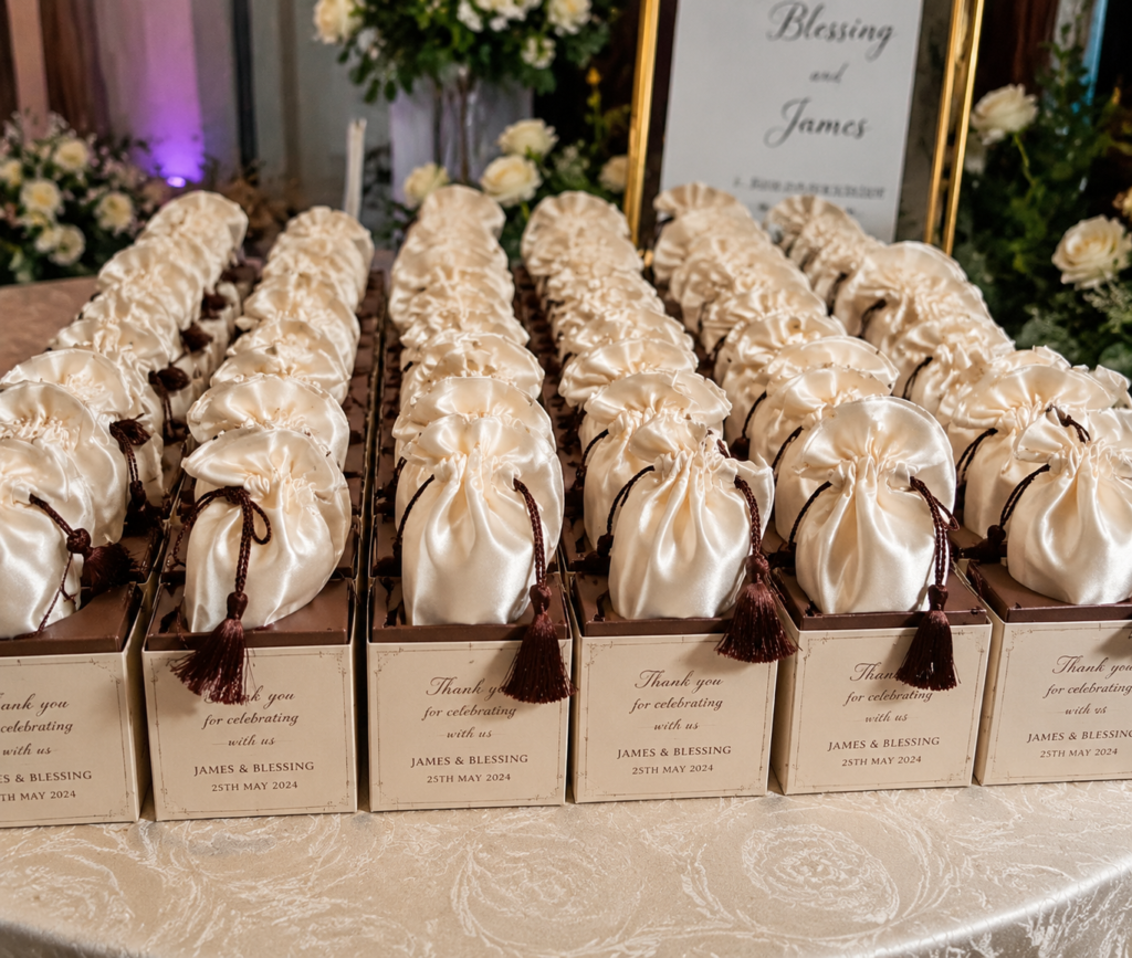 What are wedding souvenirs: examples of Nigerian wedding souvenir items on a gift table