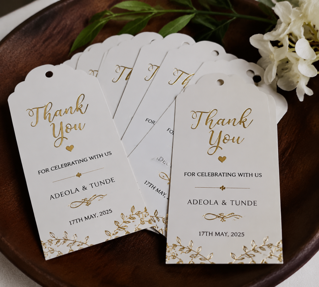 What to write on wedding souvenirs — sample thank you tags for Nigerian wedding guests