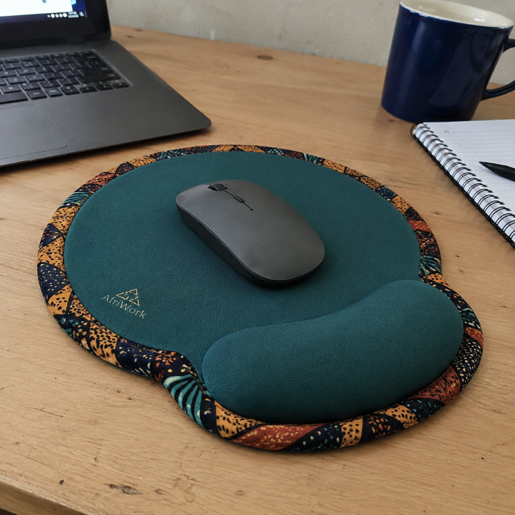 Ergonomic mouse pad with African print fabric border - ergonomic corporate gift ideas for employees