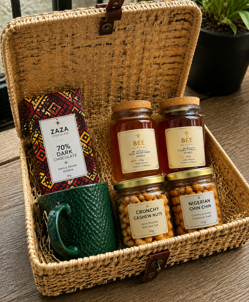 Artisanal gourmet snack hamper in cane basket - corporate client gift ideas
