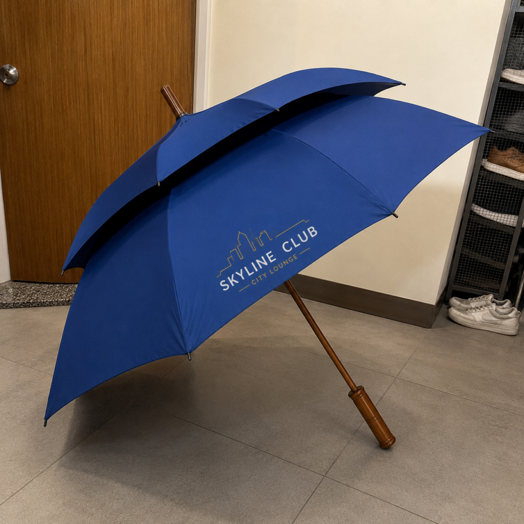 Heavy-duty double-canopy wooden handle umbrella - useful corporate gift ideas for employees