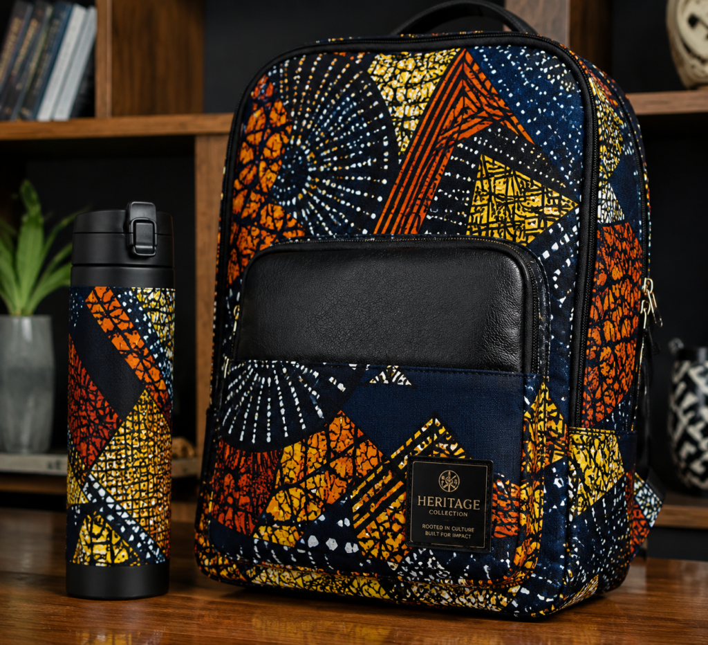 Unique corporate giveaways in Nigeria for employees: Ankara tech backpack and insulated flask set