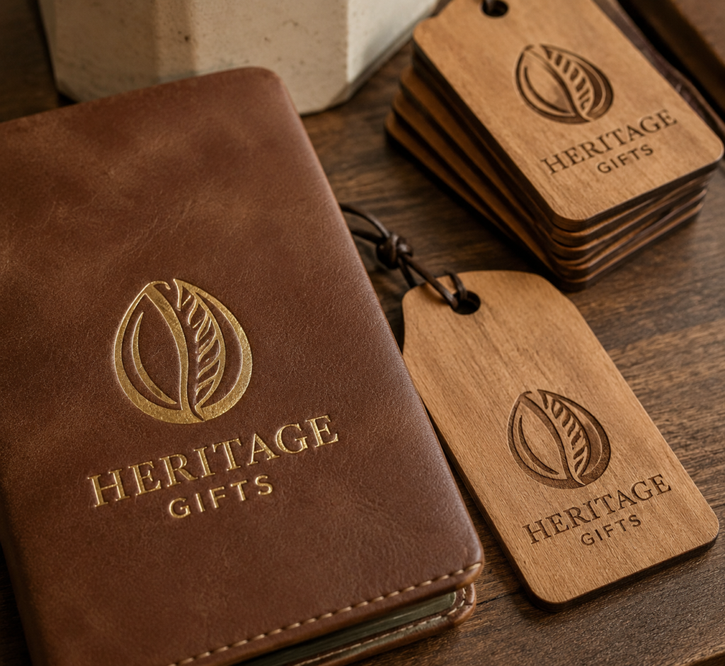 Hot-stamped leather embossing and laser-engraved wooden gift tags, unique corporate giveaways in Nigeria production