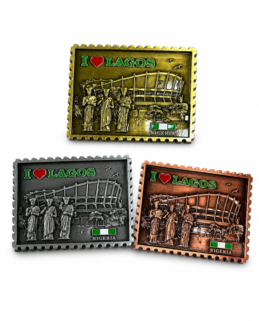 A picture of 3 i love Lagos fridge magnet in Copper, silver and bronze