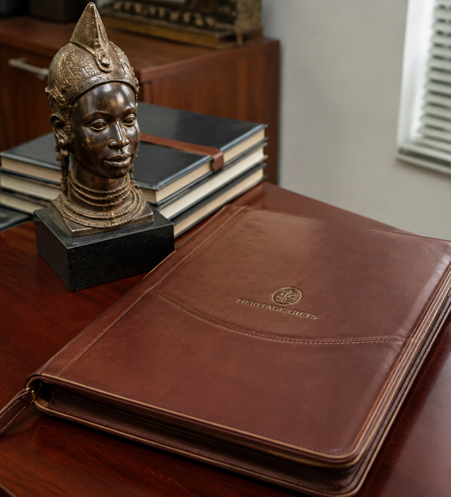 Unique corporate giveaways in Nigeria for executives: embossed leather document folder and bronze sculpture