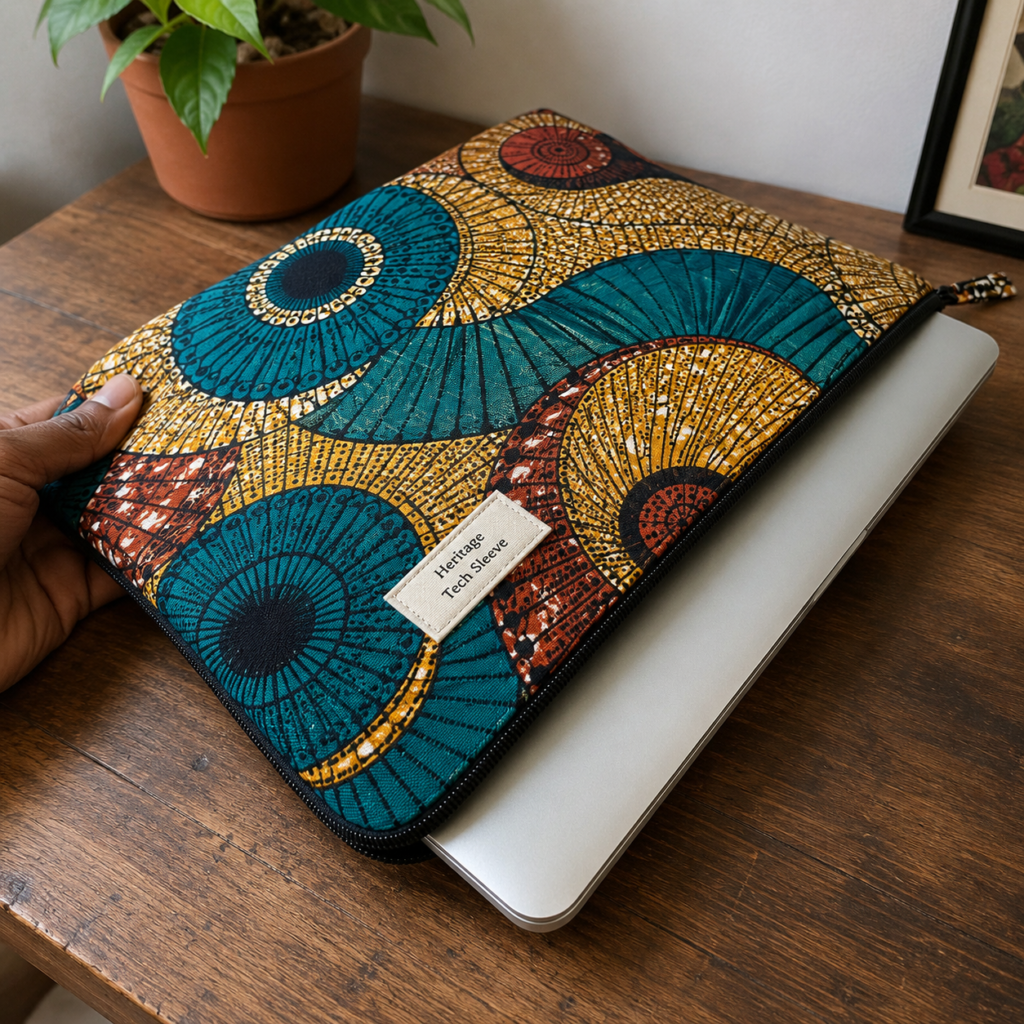 Structured Adire fabric protective laptop sleeve - stylish employee appreciation gifts