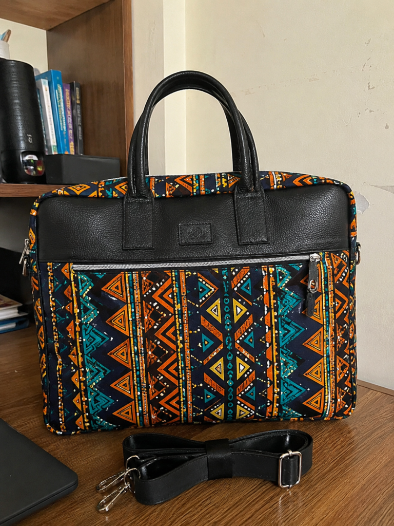 Premium padded Ankara laptop bag crafted as a luxury corporate gift for executives in Nigeria