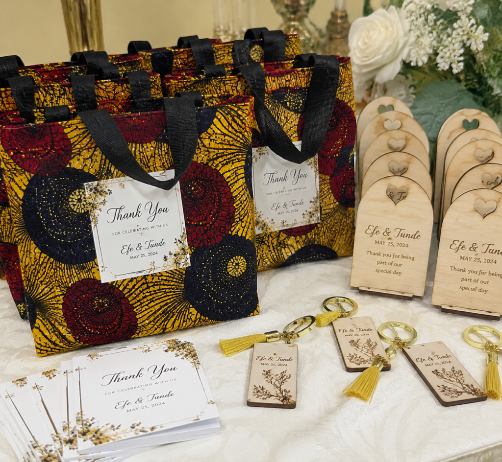 Types of wedding souvenirs in Nigeria including Ankara tote bags and engraved keepsakes