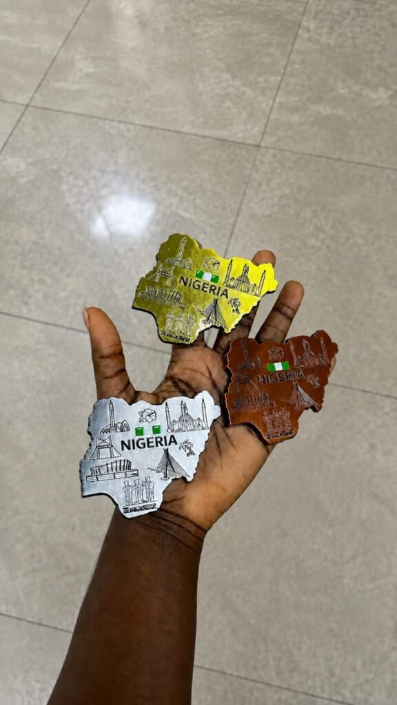 Nigerian fridge magnets collection: Zuma Rock, Danfo bus, Nigeria map and Ankara pattern designs