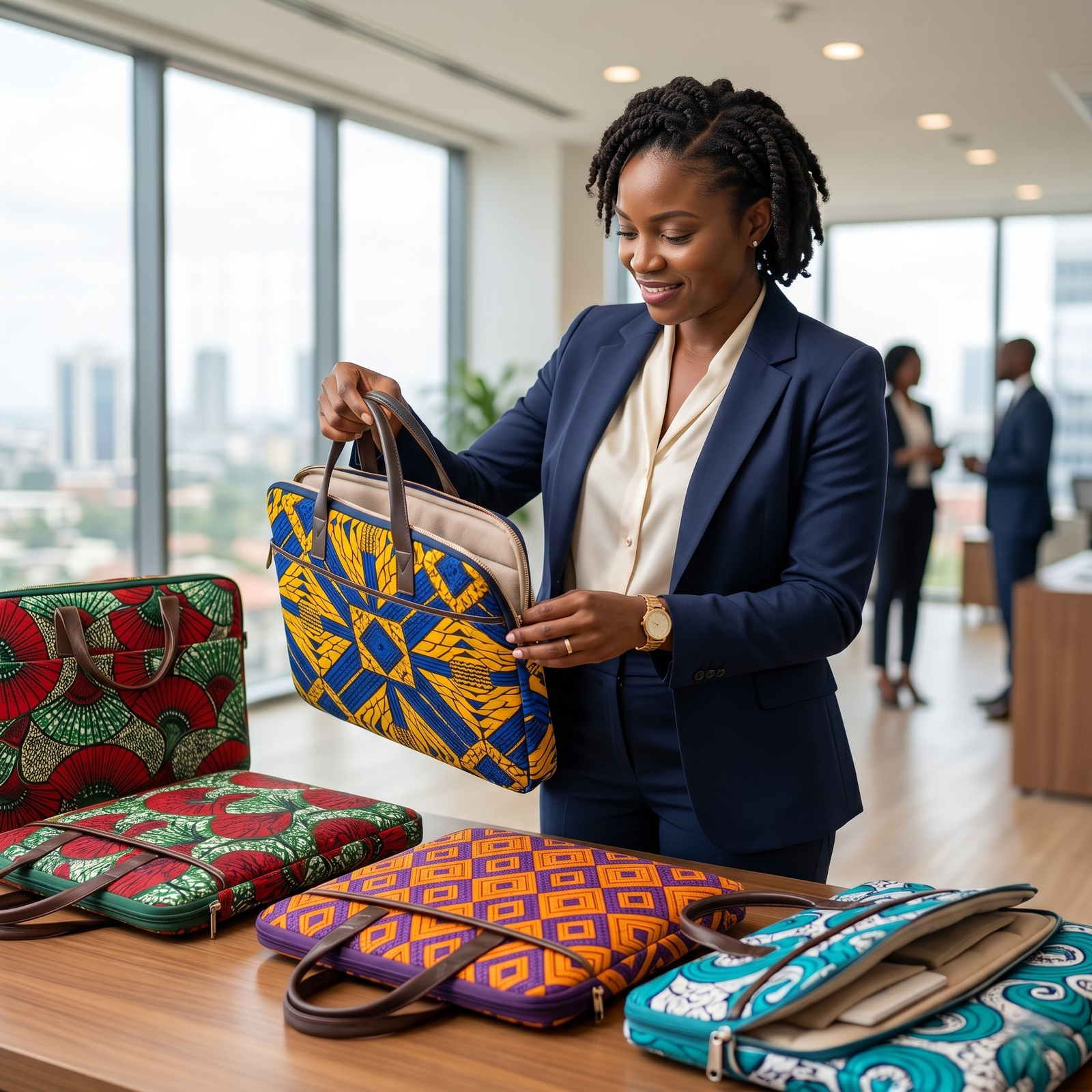 procurement manager inspecting a set of padded laptop bags made from vibrant Ankara (African wax print) fabric.