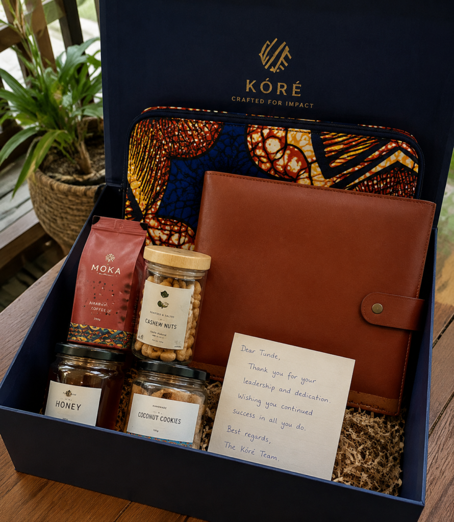 Premium unique client gift ideas: full executive hamper with leather portfolio, Ankara sleeve and gourmet food Nigeria