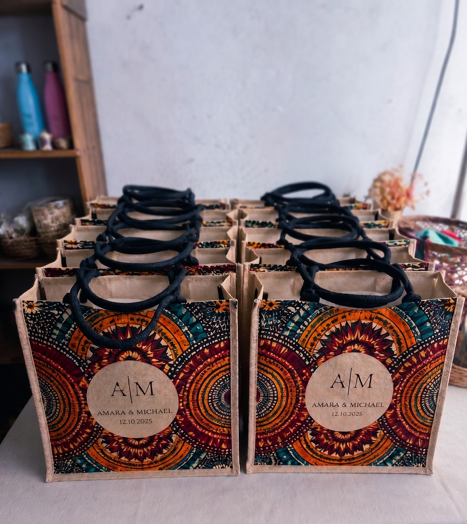 Souvenir bags for weddings in Nigeria including tote, jute and Ankara print options on a gift table