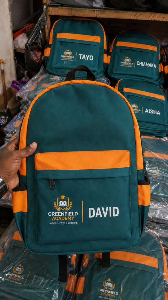 Custom school bags in Nigeria with school logos arranged in bulk for a back-to-school order