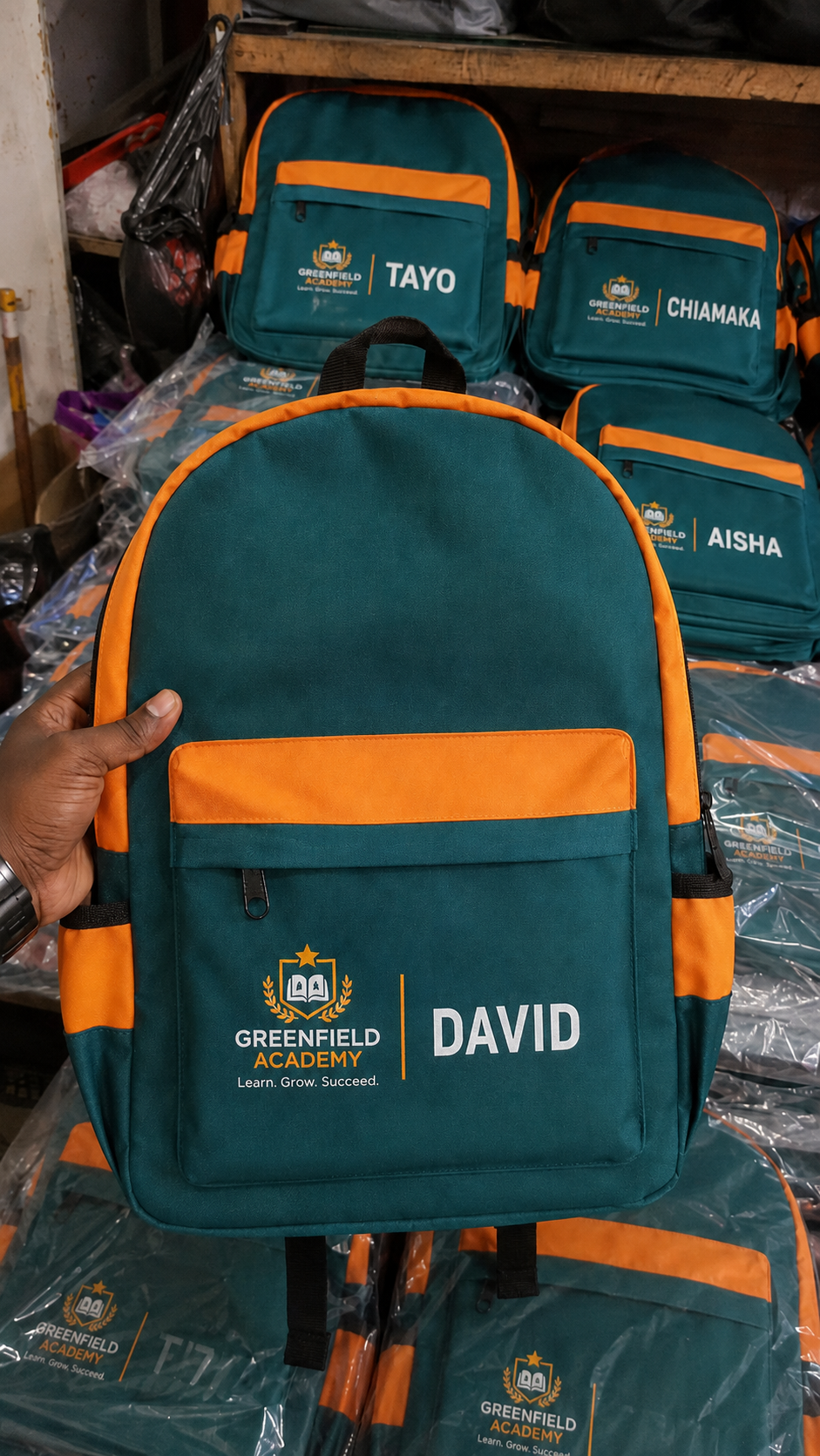 Custom school bags in Nigeria with school logos arranged in bulk for a back-to-school order
