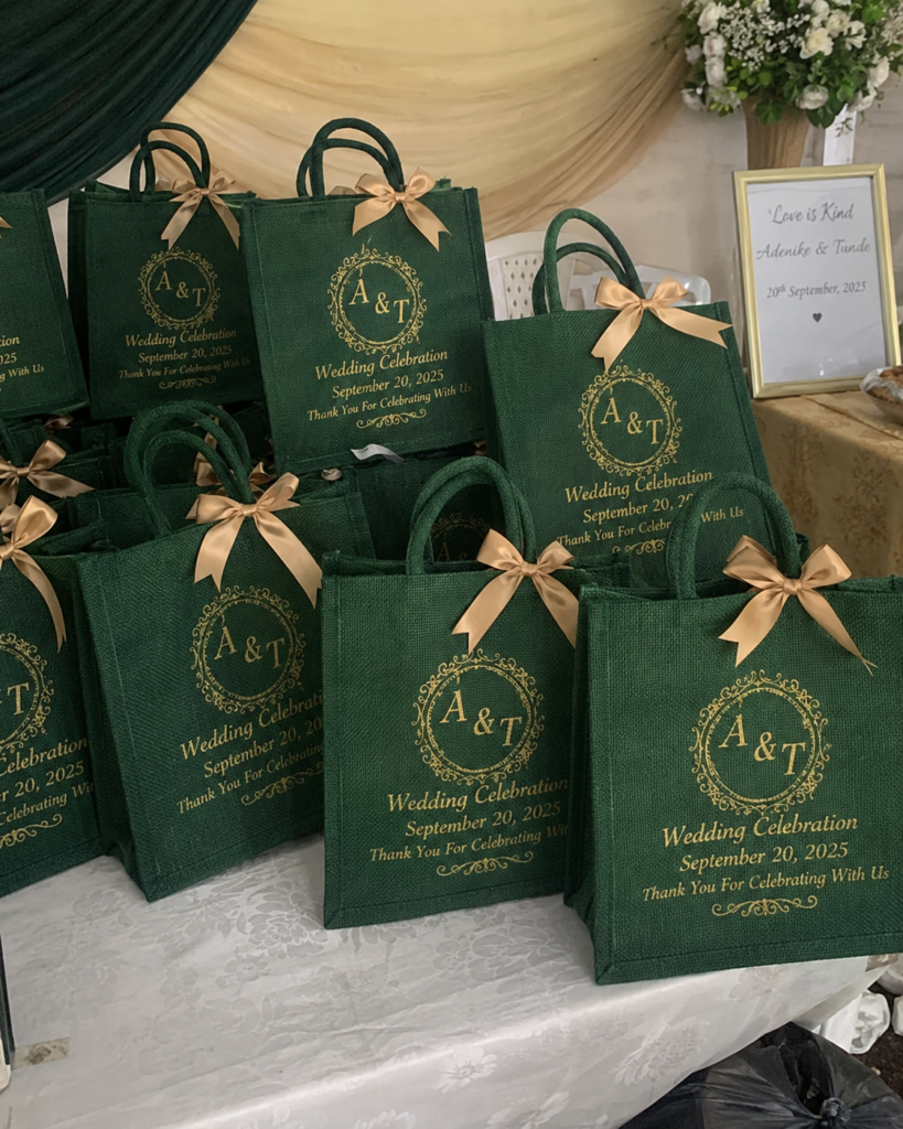 Souvenir bags for weddings arranged in bulk at a Nigerian Owambe reception