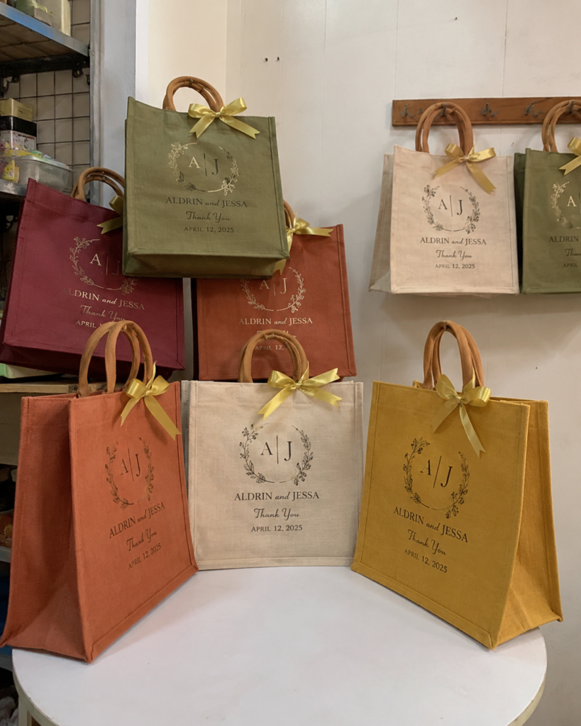 Jute, drawstring and Ankara print bag options for Nigerian wedding guests