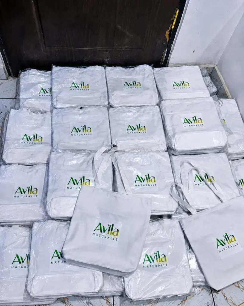 Branded African print tote bags packed in bulk for a wholesale order