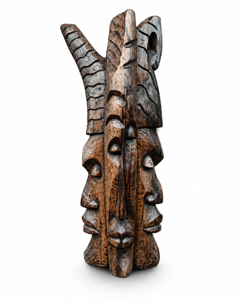 African wooden sculpture and mask arrangement styled in a modern office space