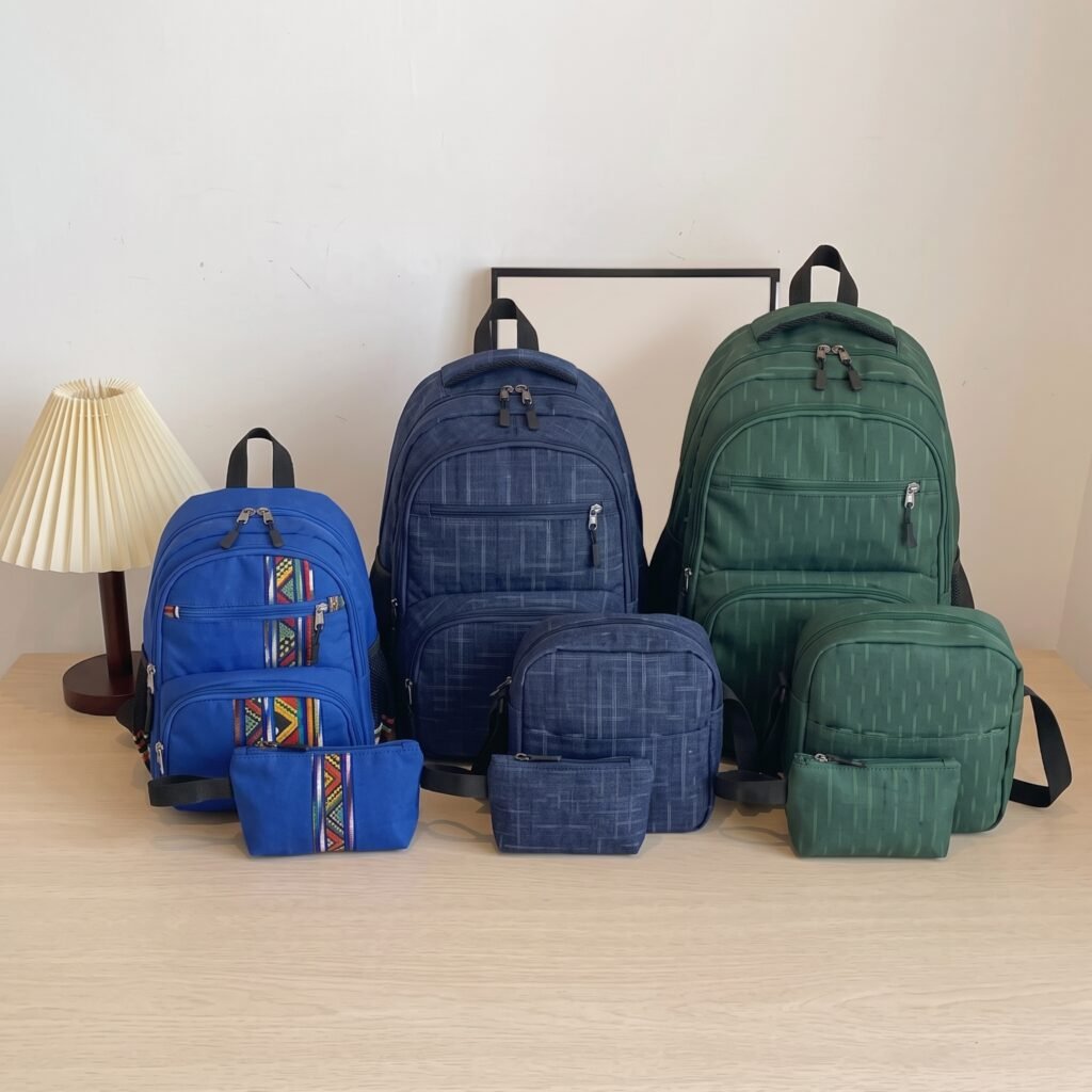 School bags for primary school in Nigeria arranged by size for different age groups