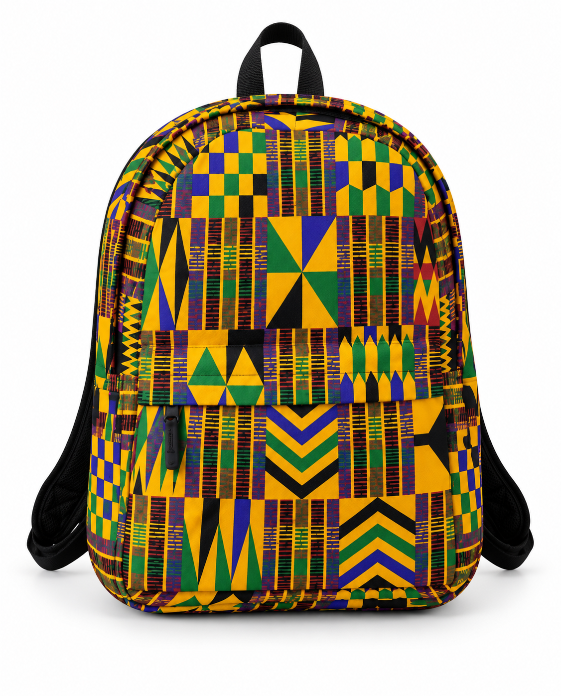 Colourful geometric African print backpack with black shoulder straps