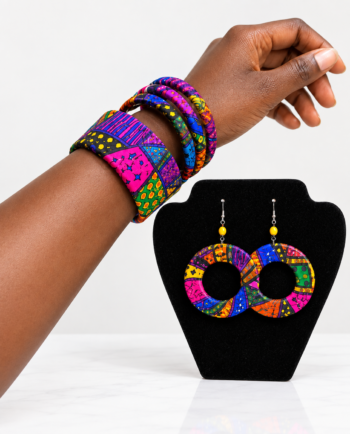 Pink multicolour African print jewellery set with matching bangles and round earrings