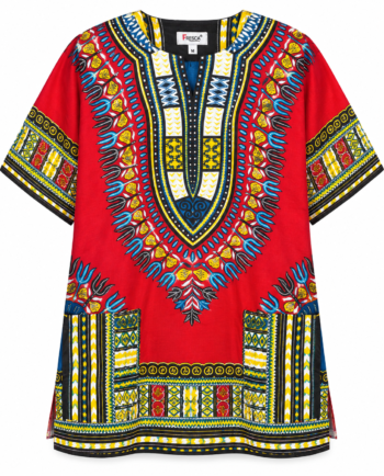 Red African Dashiki shirt with traditional print design and short sleeves