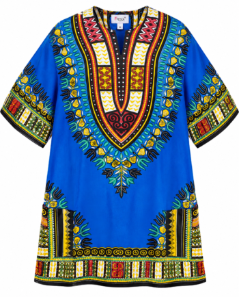 Royal blue African Dashiki shirt with colourful traditional print and front pockets