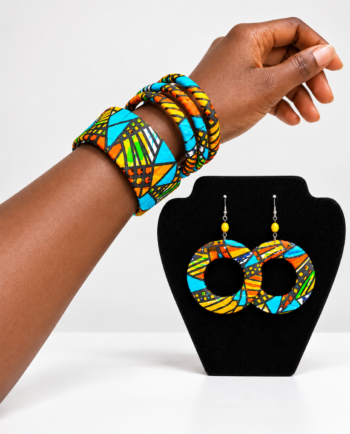 Turquoise and orange African print jewellery set with fabric bangles and earrings